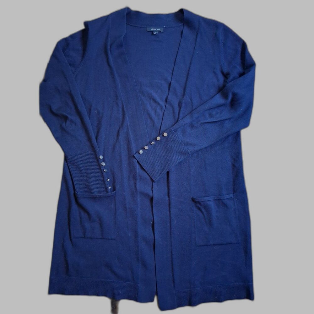 Deep Navy Long Cardigan | Open Front | Ribbed Cuffs | Pockets